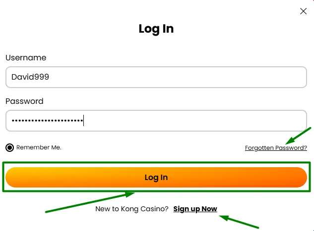 Kong Casino login form